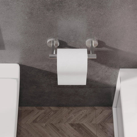 Wall Mount Double Post Pivoting Toilet Paper Holder in Brushed Nickel, SUS304 Stainless Steel Rustproof Design for bathroom use.