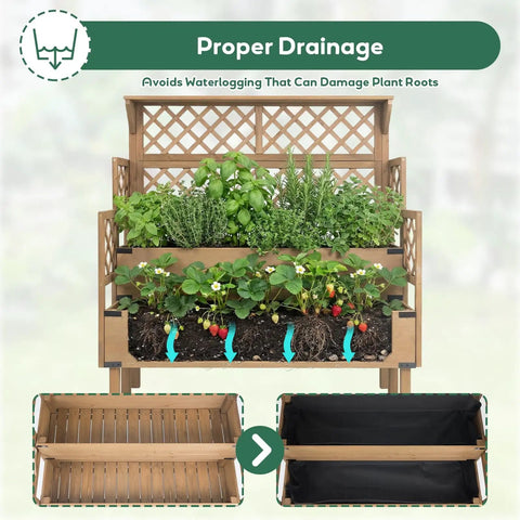 Two Tier Raised Garden Bed With Trellis And Top Shelf For Patio Or Balcony, Outdoor Elevated Planter Box With Dual Planting Areas