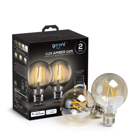 Amber LED Smart Light Bulb Two Pack With WiFi Connectivity, Alexa And Google Home Compatible, box and two bulbs displayed