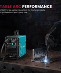 All In One 165A MIG Welder For 110V 220V 4 In 1 Gas Or Flux Core MIG Lift TIG And Stick Weld Modes in use on metal workbench