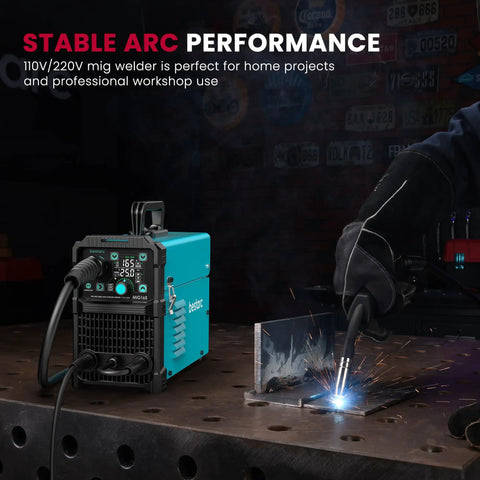 All In One 165A MIG Welder For 110V 220V 4 In 1 Gas Or Flux Core MIG Lift TIG And Stick Weld Modes in use on metal workbench