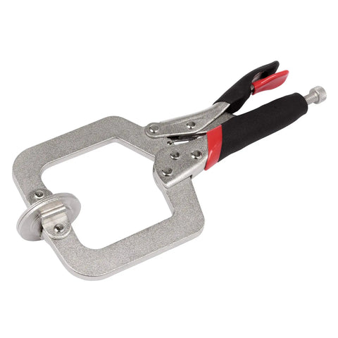 Rock Solid Pocket Hole Jig Face Clamp For Seamless Frame Joinery Featuring Adjustable Pressure and Lightning Fast Quick Release Lever for Dead Nuts Perfect Seams On Flat Woodwork Pieces in metallic finish