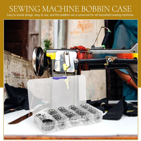 Must Have 31 Piece Bobbin And Small Bobbin Case Set For Household And Industrial Sewing Machines, Easy To Install, Prevents Knots And Unraveling, Portable Crafting And Repair Kit For Everyday Sewing Projects. Clear plastic box with silver metal bobbins and a bobbin case beside a sewing machine.