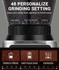 Conical Burr Coffee Grinder With 40mm Stainless Steel Burrs, Precision Timer And LED Touchscreen, 48 Grind Settings From Espresso To Cold Brew displayed.