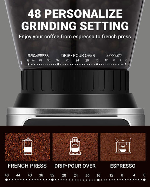 Conical Burr Coffee Grinder With 40mm Stainless Steel Burrs, Precision Timer And LED Touchscreen, 48 Grind Settings From Espresso To Cold Brew displayed.