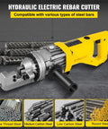 Portable Electric Hydraulic Rebar Cutter RC-16 With 5/8 Inch Capacity cutting various steel bars in construction setting.