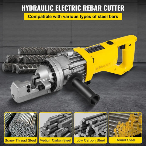 Portable Electric Hydraulic Rebar Cutter RC-16 With 5/8 Inch Capacity cutting various steel bars in construction setting.