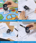 Pro Level Self Inking Date Stamp With Built In Black Ink Reservoir And Quick Twirl 12 Year Calendar Knob in use on documents.