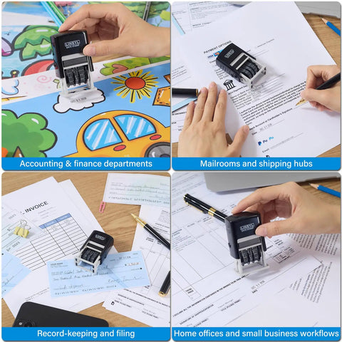 Pro Level Self Inking Date Stamp With Built In Black Ink Reservoir And Quick Twirl 12 Year Calendar Knob in use on documents.