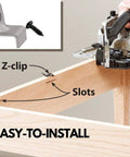 Installing Table Top Fasteners Set With Screws, showing Z-clip positioning in woodworking project with tool, includes 40 clips and screws.