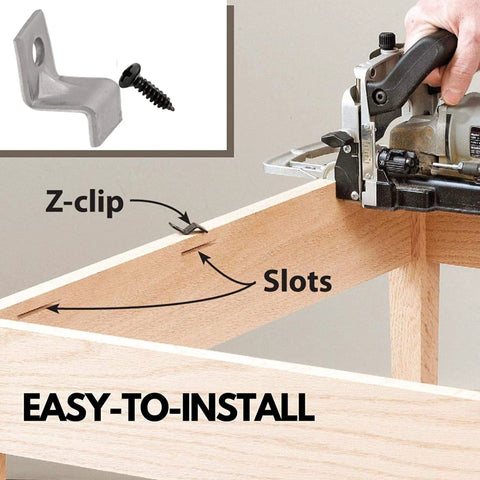 Installing Table Top Fasteners Set With Screws, showing Z-clip positioning in woodworking project with tool, includes 40 clips and screws.