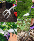 All In One 30 Piece Stainless Steel Garden Tool Set With Non Slip Ergonomic Handles And Vintage Floral Tote Bag featuring hand rake, weeder, pruner, and cultivator.