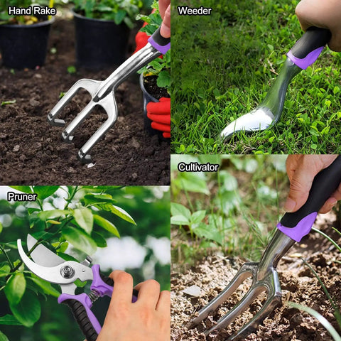 All In One 30 Piece Stainless Steel Garden Tool Set With Non Slip Ergonomic Handles And Vintage Floral Tote Bag featuring hand rake, weeder, pruner, and cultivator.