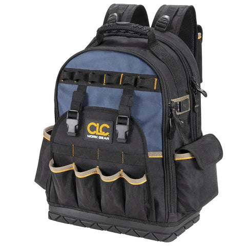 38 Pocket Molded Base Tool Backpack With Upright Stand Heavy Duty 1680D Ballistic Polyester Durable Pro Grade Tool Carrier For Tradesmen Black And Blue