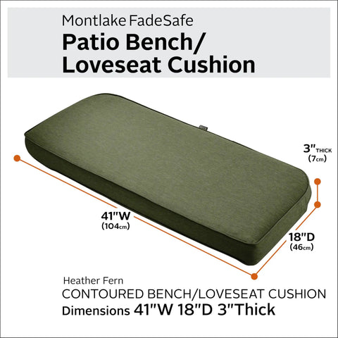 Montlake FadeSafe Outdoor Bench Cushion 41 X 18 X 3 Inches Contoured, Water Resistant, Fade Resistant Fabric in Heather Fern