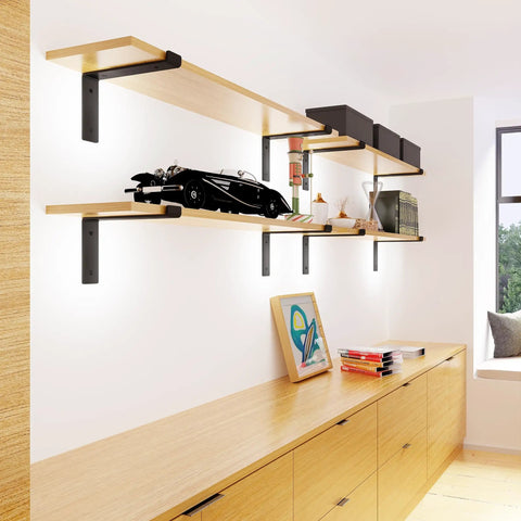 Floating shelves with Six Pack 8 Inch Z Shelf Brackets With Lip For 7.25 Inch Boards in black finish wall mounted