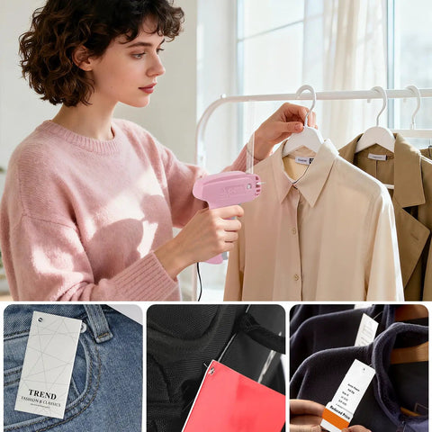 Woman using Stitch Gun For Clothes Quick Fix Kit With Five Needles And 1000 Black And 1000 White Fasteners on clothes rack