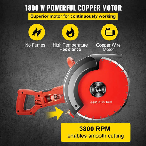 1800 Watt Electric Concrete Saw With 14 Inch Diamond Blade Wet Or Dry Circular Saw For Wood Stone Metal Cutting Adjustable Depth Copper Motor view showing powerful copper motor and blade design.