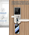 5 In 1 Dope Smart Fingerprint Door Lock For Front Door With App Control And Virtual Password Includes IC Card Fob Key And Code Bluetooth Lock For Home Office Or Garage In Satin Nickel showing emergency power and key slot.