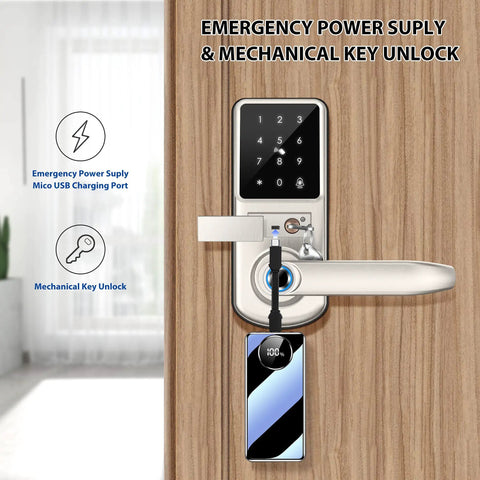 5 In 1 Dope Smart Fingerprint Door Lock For Front Door With App Control And Virtual Password Includes IC Card Fob Key And Code Bluetooth Lock For Home Office Or Garage In Satin Nickel showing emergency power and key slot.