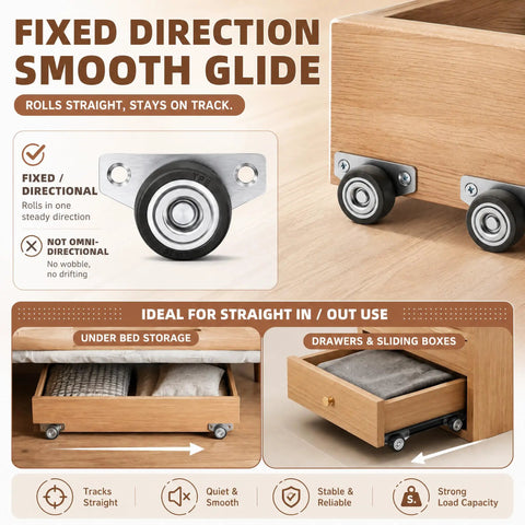Twenty Pack Small Side Mount Caster Wheels With Silent Smooth Rolling Motion For Drawer Cabinet Upgrades, fixed direction, smooth glide, brown rubber.