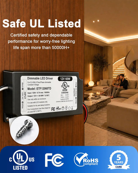 Heavy-Duty 12V LED Driver 60W Power Supply For LED Strip Lights, UL FCC Listed Class 2 Triac ELV MLV Dimming, 120V AC To 12V DC Transformer, Fully Compatible With Lutron And Leviton Dimmers, wall-mounted black metal unit