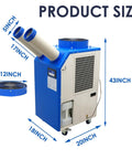 Heavy Duty Portable Air Conditioner 18,700 BTU Industrial Spot Cooler dimensions, showcasing size 43x20x18 inches and duct sizes.