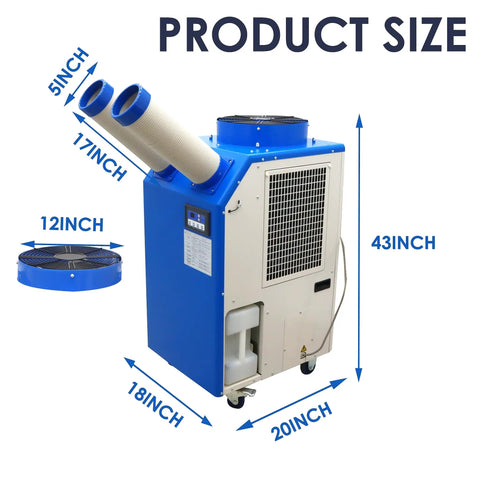 Heavy Duty Portable Air Conditioner 18,700 BTU Industrial Spot Cooler dimensions, showcasing size 43x20x18 inches and duct sizes.