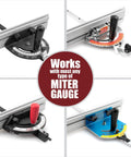 Tough As Nails Aluminum Miter Fence Compatible With Table Saws Featuring Quick Release Flip Stop and Dual Rulers for Dead On Precision and Zero Hassle Workflow with various miter gauges.