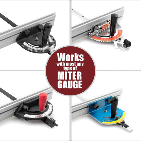 Tough As Nails Aluminum Miter Fence Compatible With Table Saws Featuring Quick Release Flip Stop and Dual Rulers for Dead On Precision and Zero Hassle Workflow with various miter gauges.