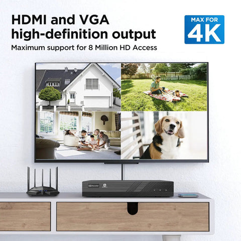 4K 8 Channel PoE NVR For CCTV Setup with monitor displaying 4 camera feeds, supports 8 IP cameras up to 8MP or 4K resolution