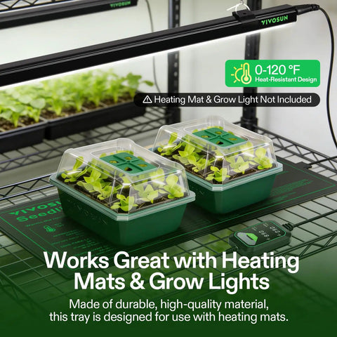 Easy To Use 72 Cell Seed Starter Kit With Humidity Dome And Drain Holes, green trays on heat mat, seedlings visible