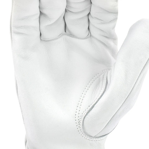 Close-up of palm view of Unisex A6 Cut Resistant Kamori White Grain Goatskin Driver Gloves With Keystone Thumb