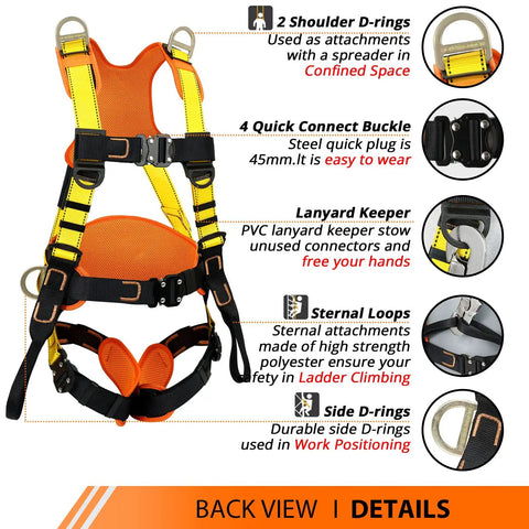 Back view of Fall Protection Safety Harness With Four Quick Buckles, showing D-ring details and ergonomic design features.