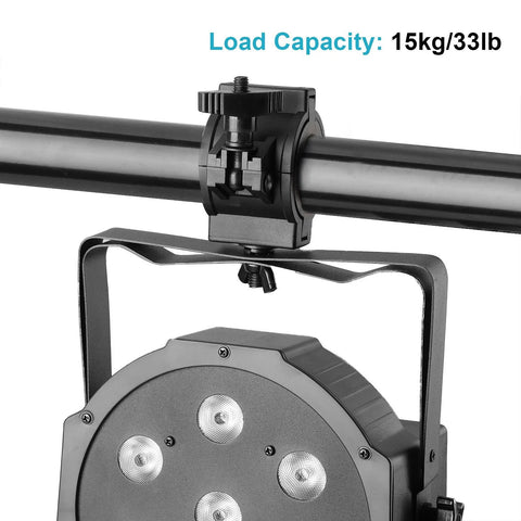 Black plastic O-clamp stage light mount for DJ PAR fixtures; fits 1–2 in OD pipe, 5-pack