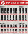 Beast Mode Impact Socket Set With Three Eighths Inch Drive Fifty Piece SAE And Metric 6 Point Sockets CR V Steel layout chart