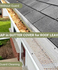 Built Tough 5 Inch Aluminum Gutter Guards 20 Pack 80 Ft Total DIY Leaf Shields For Rain Gutters installed over gutter filled with leaves.