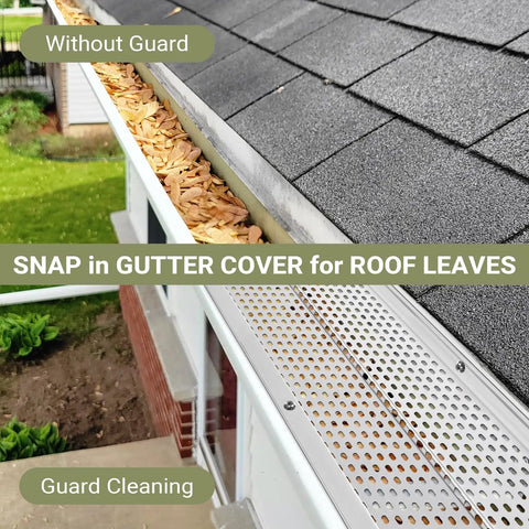 Built Tough 5 Inch Aluminum Gutter Guards 20 Pack 80 Ft Total DIY Leaf Shields For Rain Gutters installed over gutter filled with leaves.