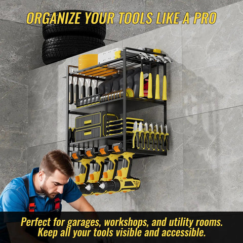 Beefy Heavy Duty Power Tool Organizer Wall Mount With Four Tier Storage And Eight Drill Holders Built To 600 Lbs Capacity