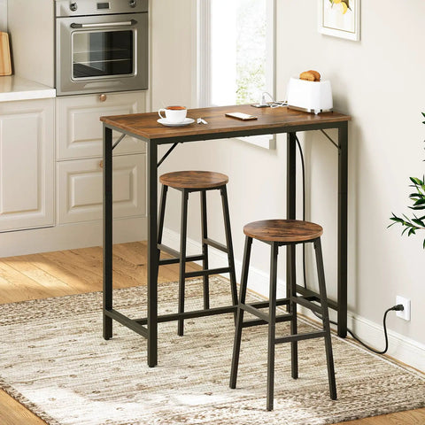 Bar Table With Built In Charging Station, Rectangular Pub Table At Counter Height with rustic brown and black finish in a kitchen.