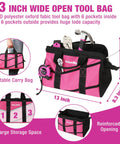 Pink 218-Piece Go-To Home Repair Tool Kit With Wide Mouth Storage Bag for DIY Projects, shown with pink and black design dimensions.