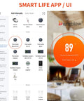 Smart Gas Fireplace Controller With WiFi Remote App interface displaying thermostat control and settings on a smartphone screen.