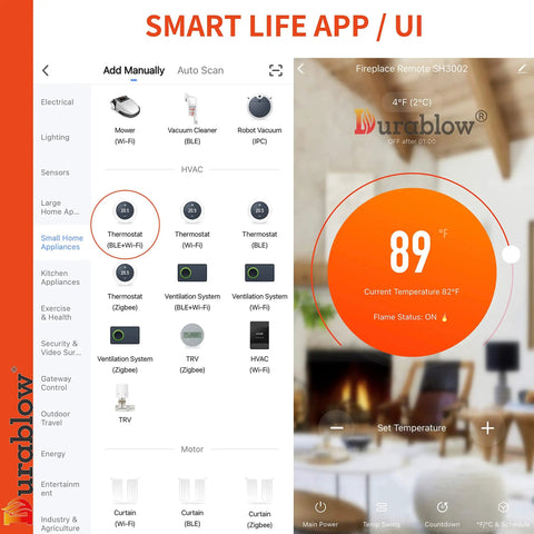 Smart Gas Fireplace Controller With WiFi Remote App interface displaying thermostat control and settings on a smartphone screen.