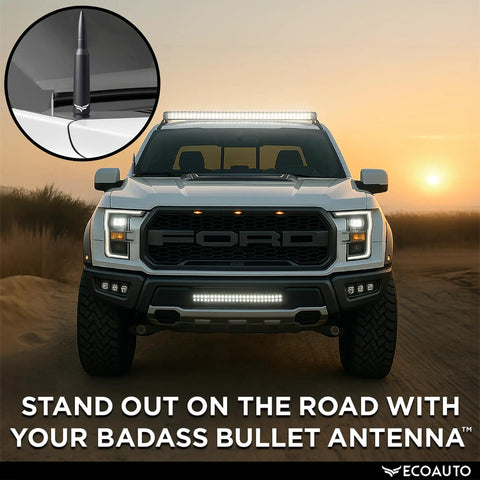 Truck with 50 Cal Bullet Antenna For Ford F150 F250 F350 Super Duty Raptor Bronco And Dodge Ram Matte Black Anti Theft Topper Upgrade