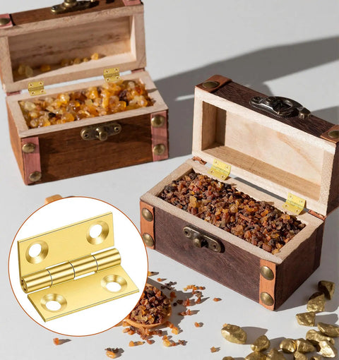 Image of jewelry wooden boxes using Five Pack Mini Brass Jewelry Box Hinges Set Gold Folding 1 Inch Hinge With Mounting Screws.