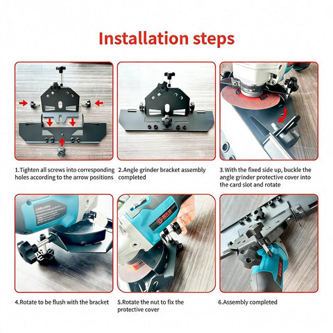 Installation steps for 45 Degree Tile Chamfering Tool for Four And One Half Inch And Five Inch Angle Grinders With Red Knobs.