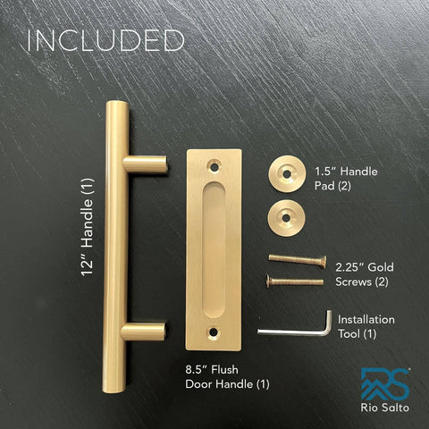Dope 12 Inch Brushed Brass Gold Barn Door Handle Kit With Solid Aluminum Pulls And Flush Handles Heavy Duty Sliding Door Hardware 1 Door Pack Includes Screws And Protective Pads