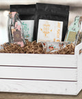 White wooden crate with tea and jars, filled with crinkle paper filler for gift baskets kraft 10 lb pack that elevates your gift game.