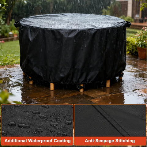 Round Outdoor Table And Chair Set Cover Fits 48 Inch Diameter By 28 Inch High Beefy Built 420D Waterproof UV Resistant Black cover under rain