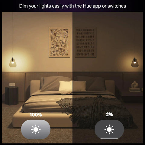 Bedroom with Smart Lighting Starter Kit With Bridge And Four Color Ambiance E26 Bulbs showing dimmable lighting effect.